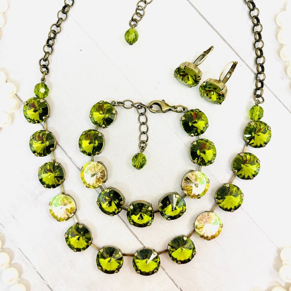 14mm Olive Green Antique Brass Necklace, Bracelet, and Earring Set, 14mm Luminous Green Necklace, 14mm Antique Brass Olive Green Bracelet
