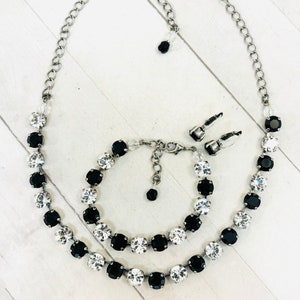 Jet Black and Clear Crystal Tennis Necklace, Neutral Jet Black Crystal Layering Necklace, Black and Clear Crystal Bracelet, YOU CHOOSE METAL