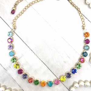 Gold Plated Rainbow Crystal Tennis Necklace