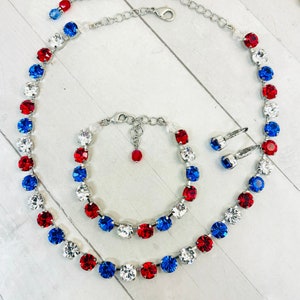 Patriotic Crystal Tennis Necklace or Bracelet: Red, White & Blue Jewelry