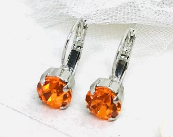 8mm Sunny Orange Crystal Earrings, 8mm Tangerine Orange Cup Chain Drop Earrings, Bright Orange Crystal Earrings, YOU CHOOSE METAL