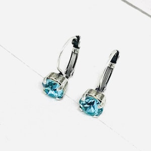 Aquamarine Blue Crystal Leverback Earrings: Rhodium Silver Finish