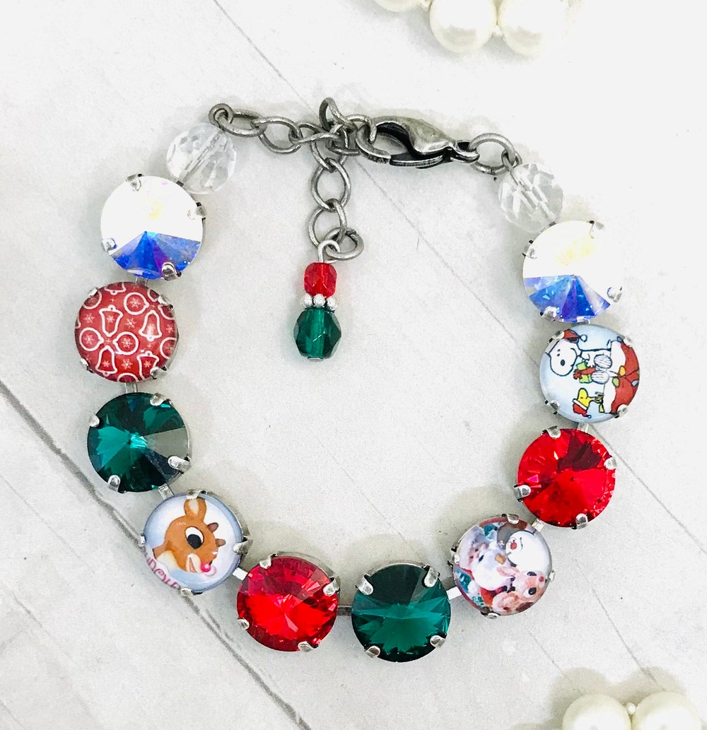 Christmas Premium Crystal Bracelet, Snoopy Christmas Bracelet, Rudolph Christmas Bracelet, Frosty Christmas Bracelet, Jkcarolina Bespoketshirt Collections