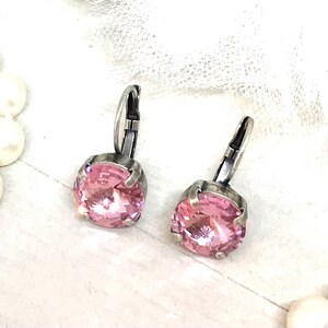 Pink Jewelry, Austrian Pink Crystal Earrings, 12mm Light Rose Pink Crystal Earrings, Pink Wedding, YOU CHOOSE METAL