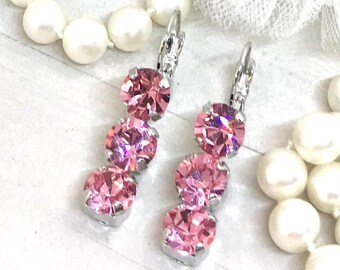 Triple Light Rose Pink crystal earrings, 3 Stone Pink Crystal Earrings, 3 Stone Light Rose Pink Earrings, PICK YOUR FINISH
