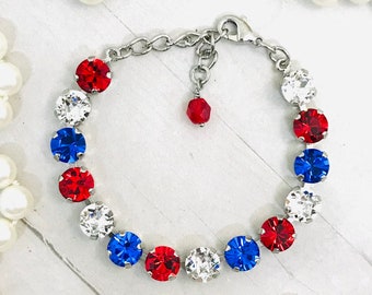 Patriotic Red White and Blue Crystal Bracelet, Patriotic Red White and Blue Tennis Necklace, Patriotic Choker Necklace, YOU CHOOSE FINISH