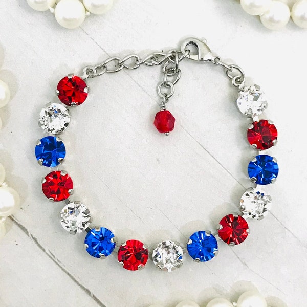 Patriotic Red White and Blue Crystal Bracelet, Patriotic Red White and Blue Tennis Necklace, Patriotic Choker Necklace, YOU CHOOSE FINISH