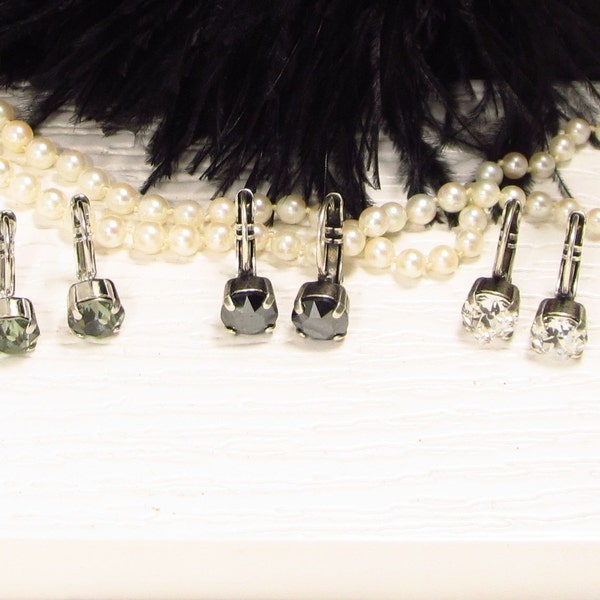 8mm Jet Black Hematite Crystal Earrings, 8mm Black Diamond Crystal Earrings, 8mm Clear Crystal Earrings, YOU CHOOSE METAL