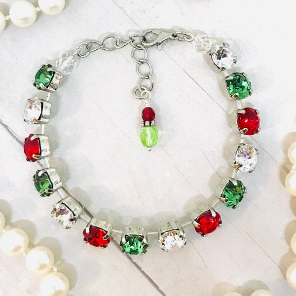 8mm Red and Green Premium Crystal Tennis Bracelet, Christmas Red and Green Crystal Layering Bracelet, Christmas Necklace, YOU CHOOSE METAL,