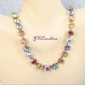 Rainbow Crystal Tennis Necklace: Antique Silver Rhinestone Choker