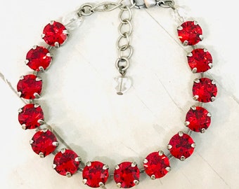 Red Tennis Bracelet, Light Siam Red Crystal Bracelet, Red Valentines Day Bracelet, YOU CHOOSE METAL