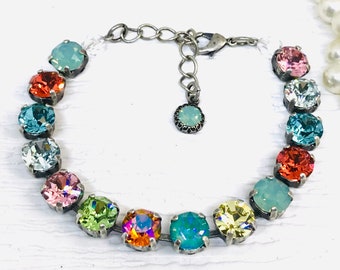 Rainbow Crystal Bracelet, Colorful Rainbow Tennis Bracelet, Pacific Opal Rainbow Crystal Bracelet,