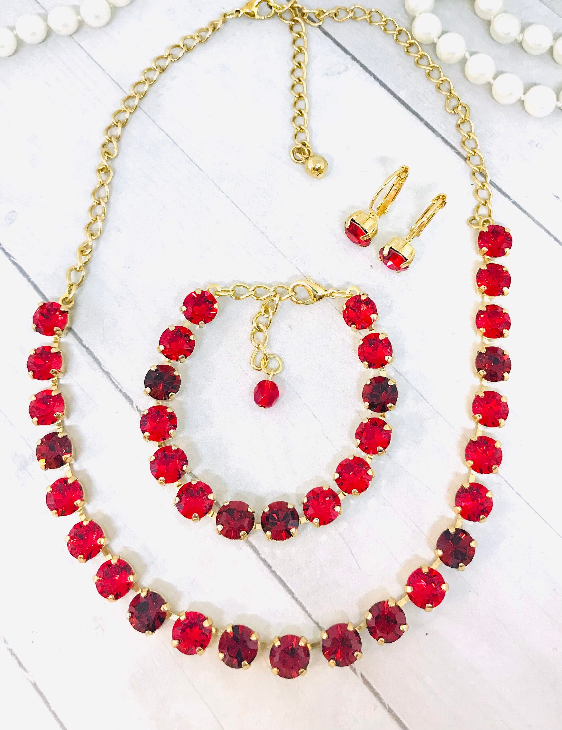 Red crystal necklace and earrings set sale