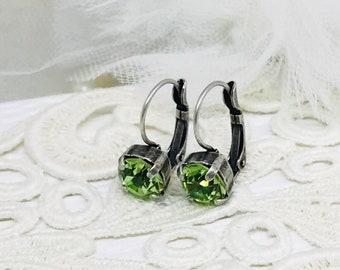 Peridot Green Crystal Drop Earrings: Antique Silver Lever-Back