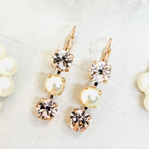 Rose Gold Crystal Drop Earrings: Silken Champagne Pearl, Handmade