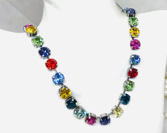Bright Colored Rainbow Tennis Necklace Multi Color Crystal | Etsy