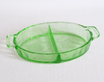 1930s Jeannette Glass 'Floral Green' poinsettia pattern two part uranium glass relish dish
