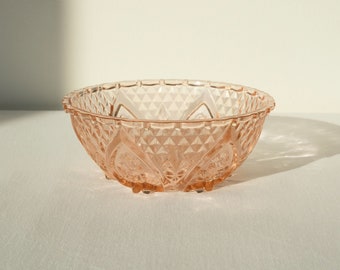 vintage pink glass bowl with heart and rose pattern