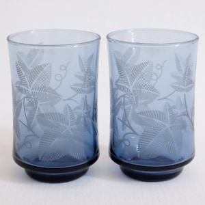 1970s Libbey dark blue 6oz juice glasses with etched foliage design, set of two