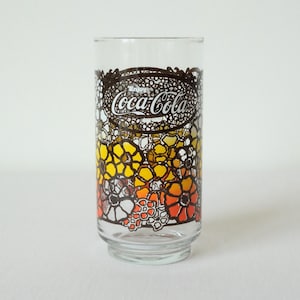 1970s Libbey St. Clair Coca Cola fall flowers mosaic 16oz drinking glass