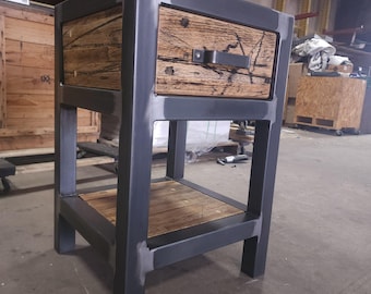 Industrial Single-Drawer Nightstand | Welded Steel Frame, Galvanized Steel Drawer & Reclaimed Oak Cargo Wood