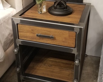Rustic welded steel night stand, vintage industrial nightstand, custom stained reclaimed couch table, bespoke handmade endtable