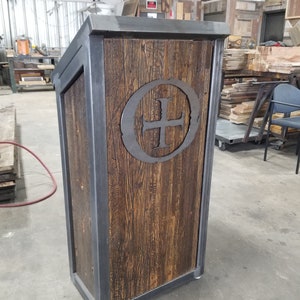 Industrial steel hostess station, Rustic reclaimed wood pulpit, Custom stained lecture, Bespoke podium stand, valet station