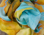 Hand painted silk scarf, Ebru Silk scarf, Hand Painted Satin Silk Scarf, Yellow orange blue silk scarf, Gift for her, Bridesmaid Gift