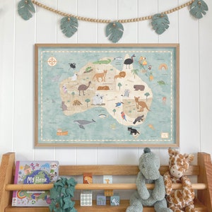 Australien Tier Karte Kunstdruck für KINDERZIMMER + KINDERZIMMER | Neutraler Boho Druck | Spielzimmer | Australier | Baby-Dusche-Geschenk | Safari