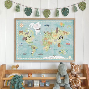 Impression d'art carte du monde animal CHAMBRE D'ENFANT + CHAMBRE D'ENFANT | Impression chambre d'enfant | Illustration de la main | Cadeau baby shower | Salle de jeux | Safari animal de la jungle