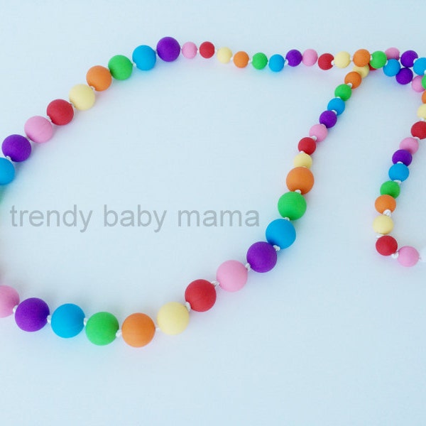 LAST ONE - Extra Long - Silicone Teething Necklace - Rainbow Mom & Baby - Plus Size Mommy - Knotted Chew Beads - Nursing Mom