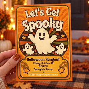 May include: A rectangular Halloween party invitation card featuring a large central ghost and two smaller ghosts on an orange background. The text reads Let's Get Spooky, Halloween Hangout, Friday, October 30, 6:30 PM, Sunnydale House, and RSVP: hello@example.com.