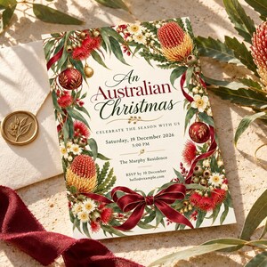 Australian Christmas Invitation Template, Native Floral Christmas Party Invite, Editable Canva, Eucalyptus & Banksia, Printable 5x7