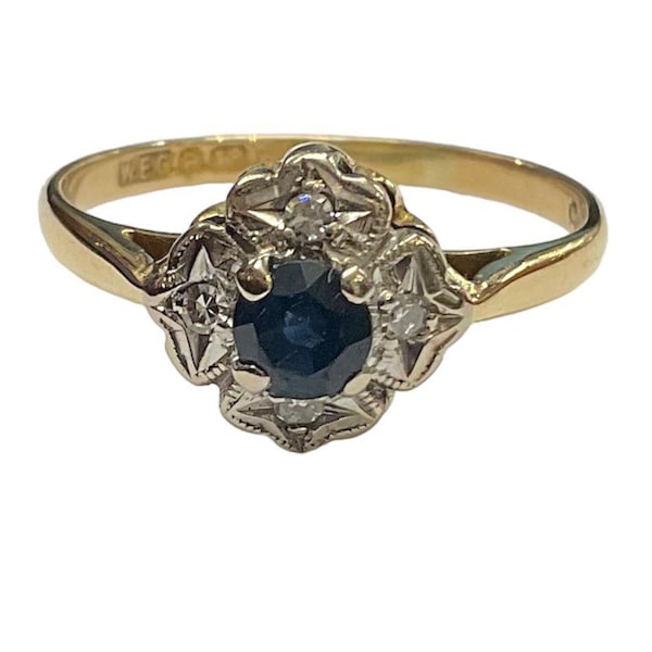 18ct Yellow Gold Sapphire and Diamond Cluster Ring Size M