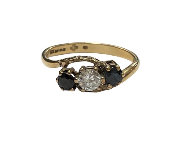 9ct Yellow Gold Sapphire and Cubic Zirconia Three Stone Ring Size