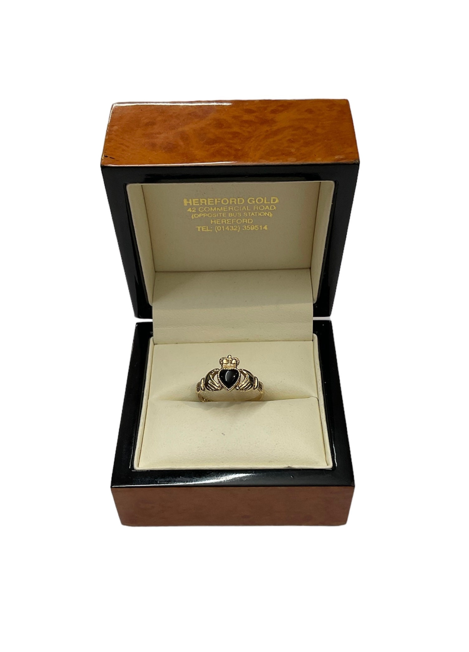 9ct Yellow Gold Onyx Claddagh Ring UK