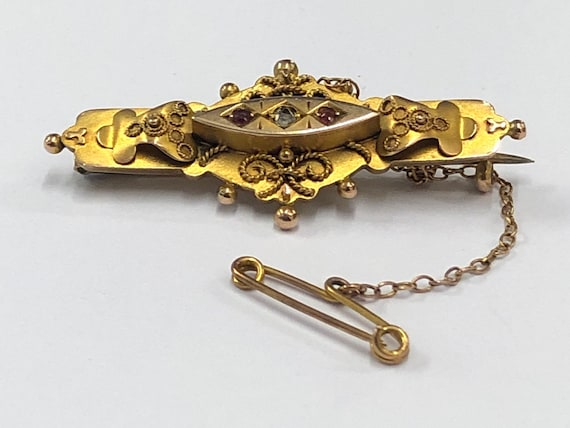 Vintage 1940s 9ct Yellow Gold Ruby and Diamond Bro