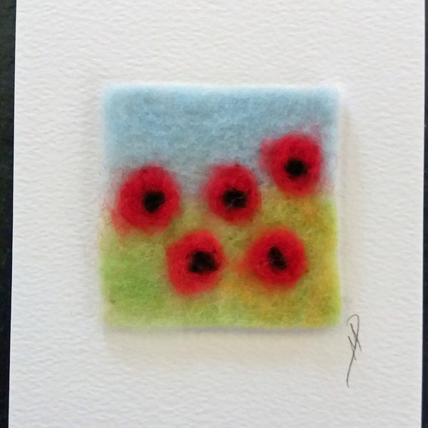 Poppies textile greeting card, felt and stitch greeting card, textile art card, blank inside greeting card, any occasion card