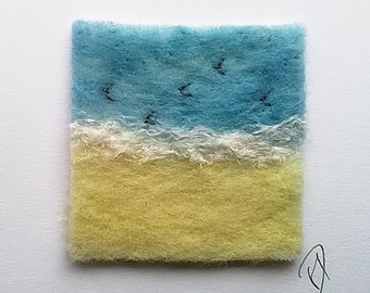 Shoreline textile greeting card, felt and stitch greeting card, textile art card, blank inside greeting card, any occasion card