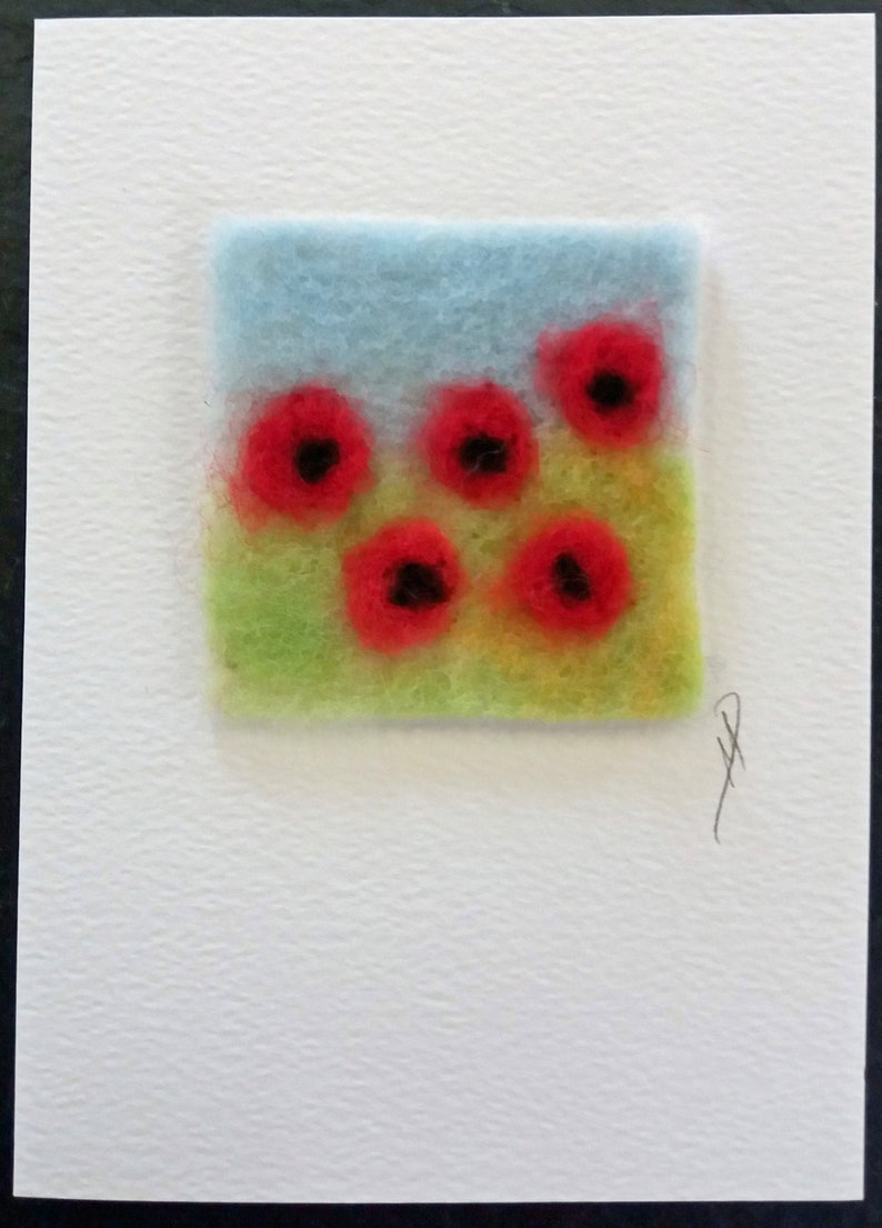 Poppies textile greeting card, felt and stitch greeting card, textile art card, blank inside greeting card, any occasion card image 1