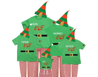 Christmas Family Matching Lounge Wear Pyjama Set Glitter Elf Any Name Xmas Eve Box Filler Idea Fancy Dress Including Hat