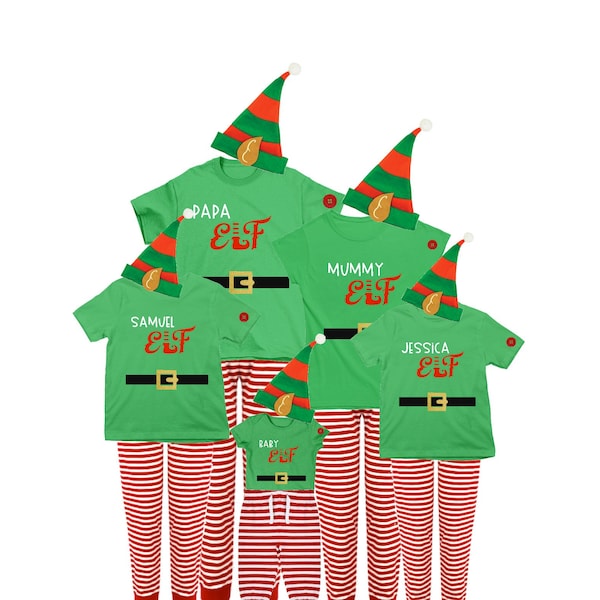Ensemble de pyjama assorti pour Noël, famille, tenue de détente, elfe scintillant, n'importe quel nom, idée de remplissage pour le réveillon de Noël, déguisement avec chapeau