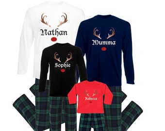 Christmas Family Matching Lounge Wear Pyjama Set Green TARTAN Cute Reindeer Any Name Xmas Eve Box Filler Idea Long Sleeve