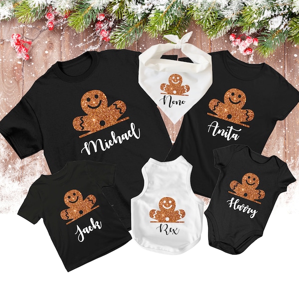 Family Christmas T-shirt Personalised Matching Gift Glitter Gingerbread Any Name Xmas Eve Box Filler Idea Dog Cat Pet Bandana