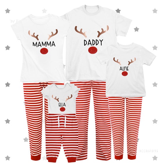 Christmas Family Matching Lounge Wear Pyjama Set Glitter Reindeer Any Name  Xmas Eve Box Filler Idea 