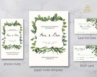 Green Leaves Editable Wedding Invitation Bundle | Template | Printable Invites | Digital Download | Greenery | Modern Wedding | Minimalist