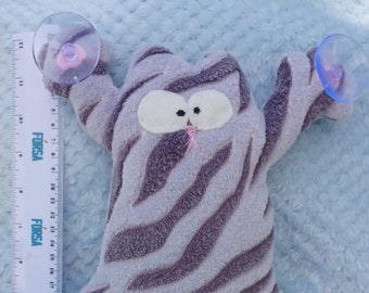 Anatomically correct (ish) cat toy with suction cups for the car or house window 27cm 11 inches soft plush handmade purple stripes stripey 1