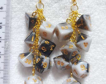 DND mini dice black white 2-tone pierced earrings D4 D6 D8 D10 D12 D20 geek gamer jewellery jewelry gift dungeons dragons polyhedral