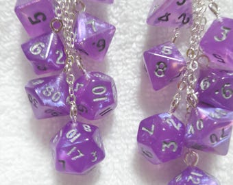 DND mini dice iridescent purple pierced earrings D4 D6 D8 D10 D12 D20 geek gamer jewellery jewelry gift dungeons dragons polyhedral