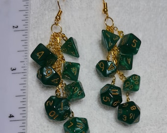 DND mini dice pearlescent dark green pierced earrings D4 D6 D8 D10 D12 D20 geek gamer jewellery jewelry gift dungeons dragons polyhedral